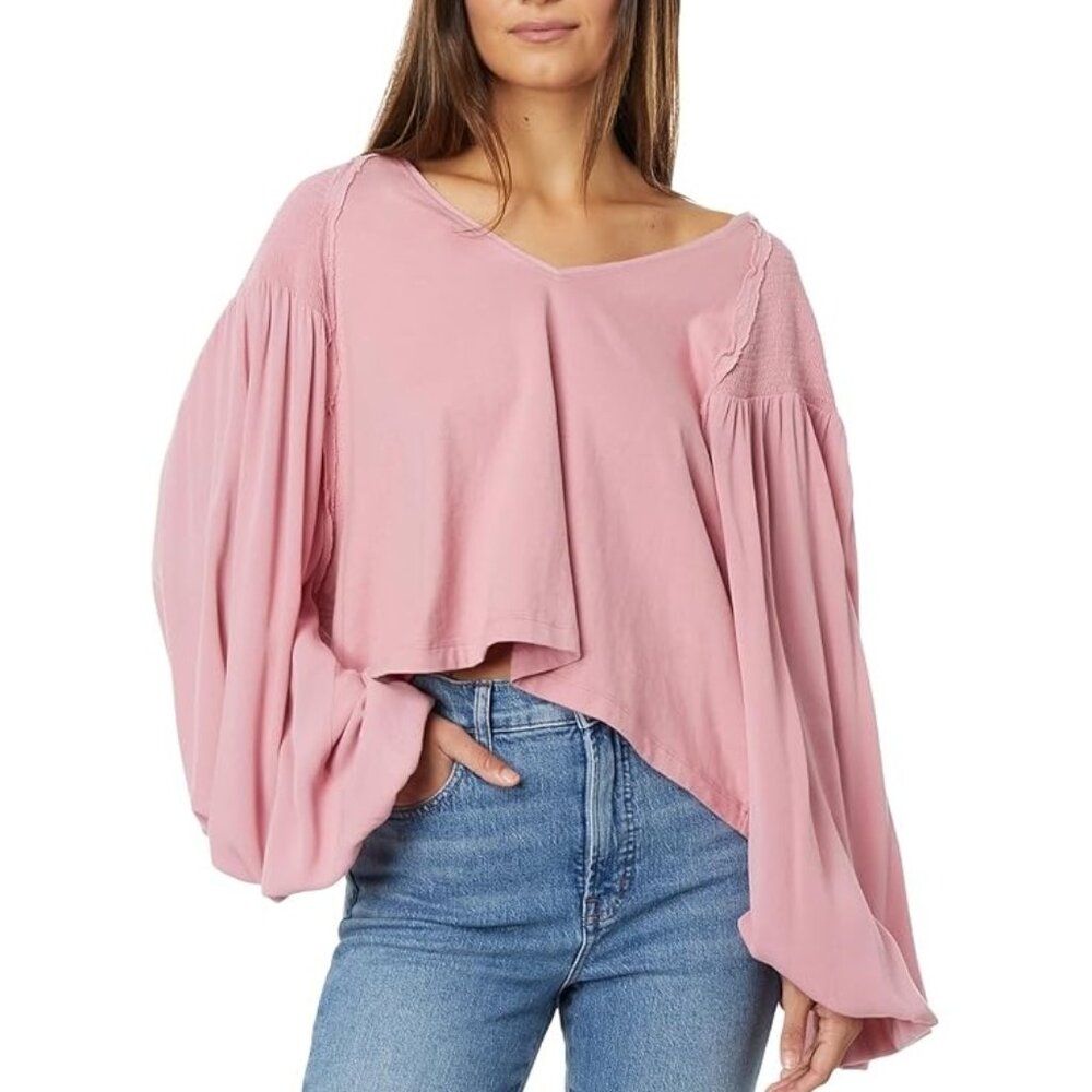 FREE PEOPLE Blush Pink Kathy Boho Long Sleeve Blouse. Size L